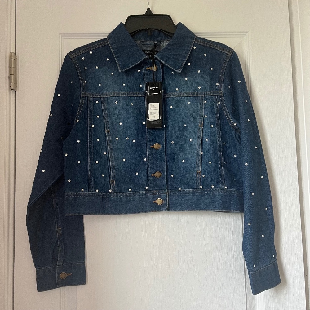 New Women’s Bebe DenimJacket With Rhinestones Blue Size S